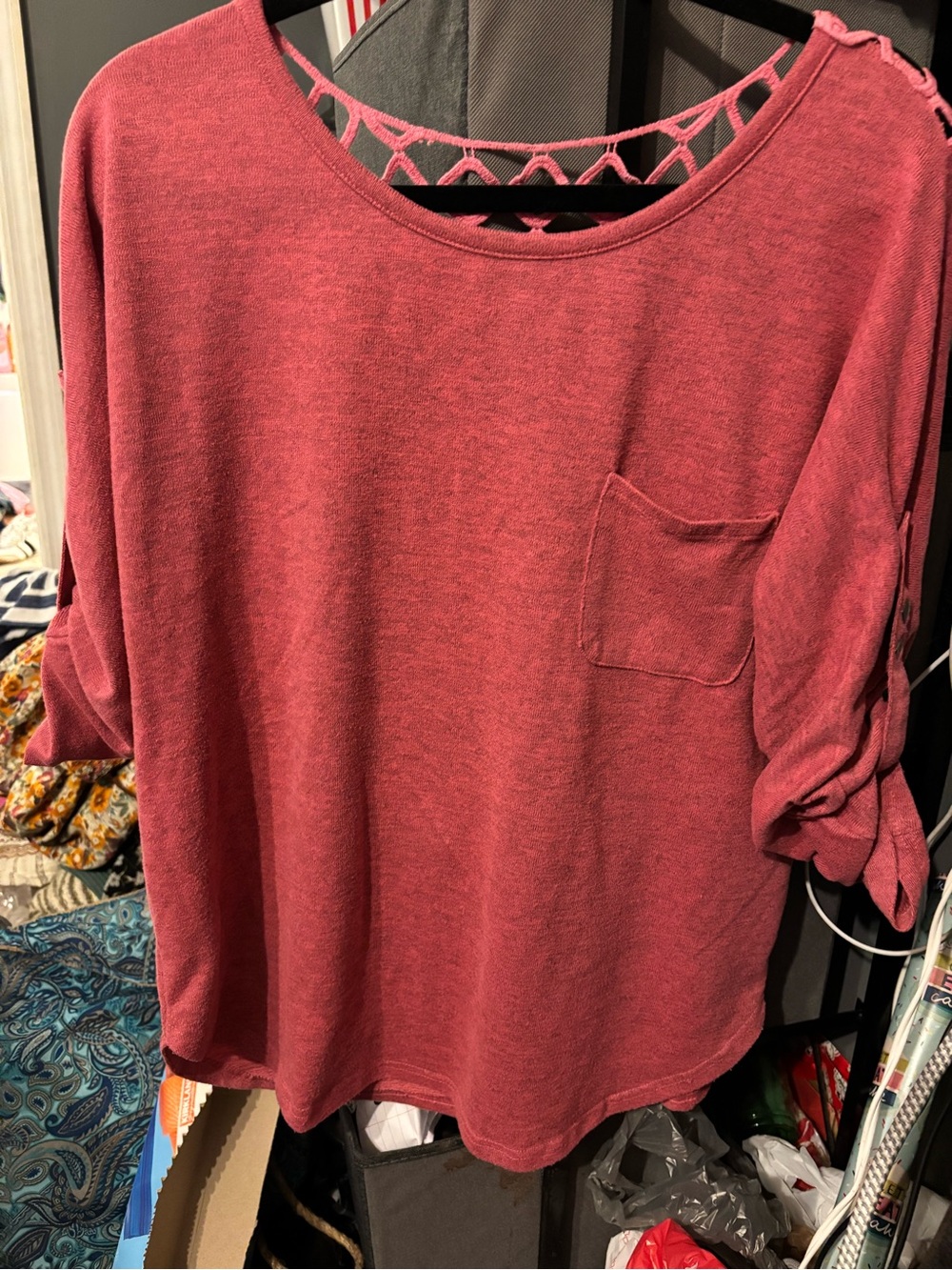 Ya Los Angeles Dusty Rose Knit Top with Lattice Back and Pocket Medium
